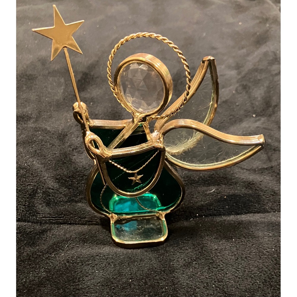 Stained Glass Angel Figurine Small Green Gold Crystal Star Wand Decor